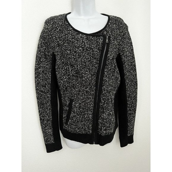 NEW LOFT Asymetrical Zip Knit Black Marbled Moto Cardigan Office Career … - Picture 1 of 10